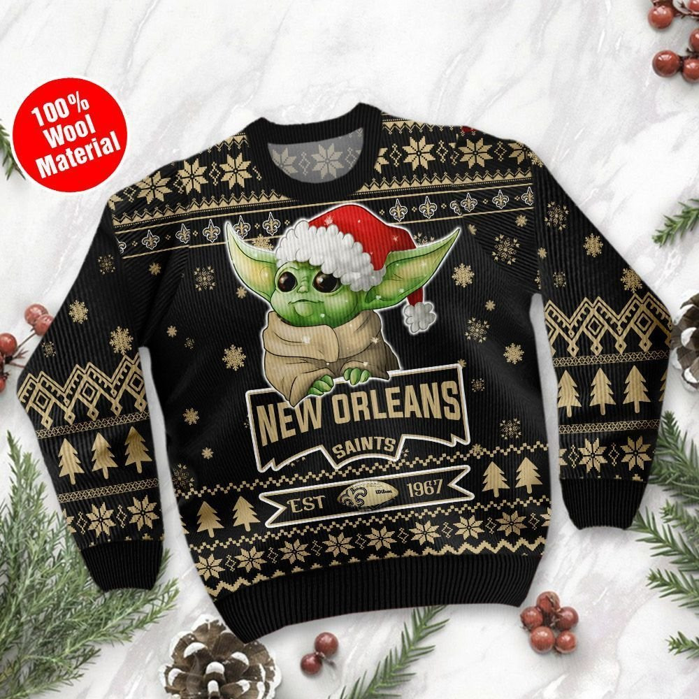 New Orleans Saints Cute Baby Yoda Grogu Ugly Christmas Sweater Adult 3D Funny Matching for family