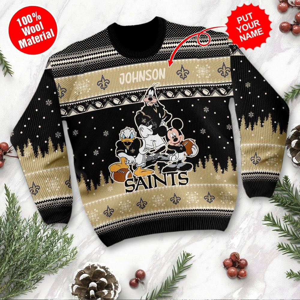 New Orleans Saints Disney Donald Duck Mickey Mouse Goofy Personalized Ugly Christmas Sweater Adult 3D Funny Matching for family - Image 2