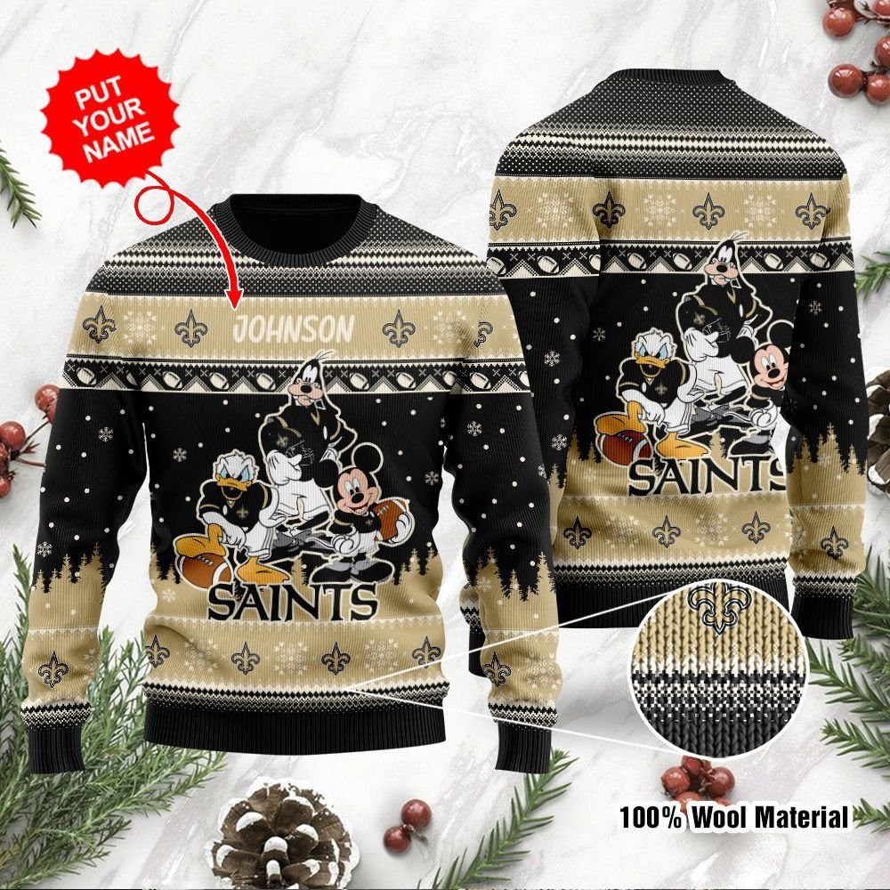 New Orleans Saints Disney Donald Duck Mickey Mouse Goofy Personalized Ugly Christmas Sweater Adult 3D Funny Matching for family