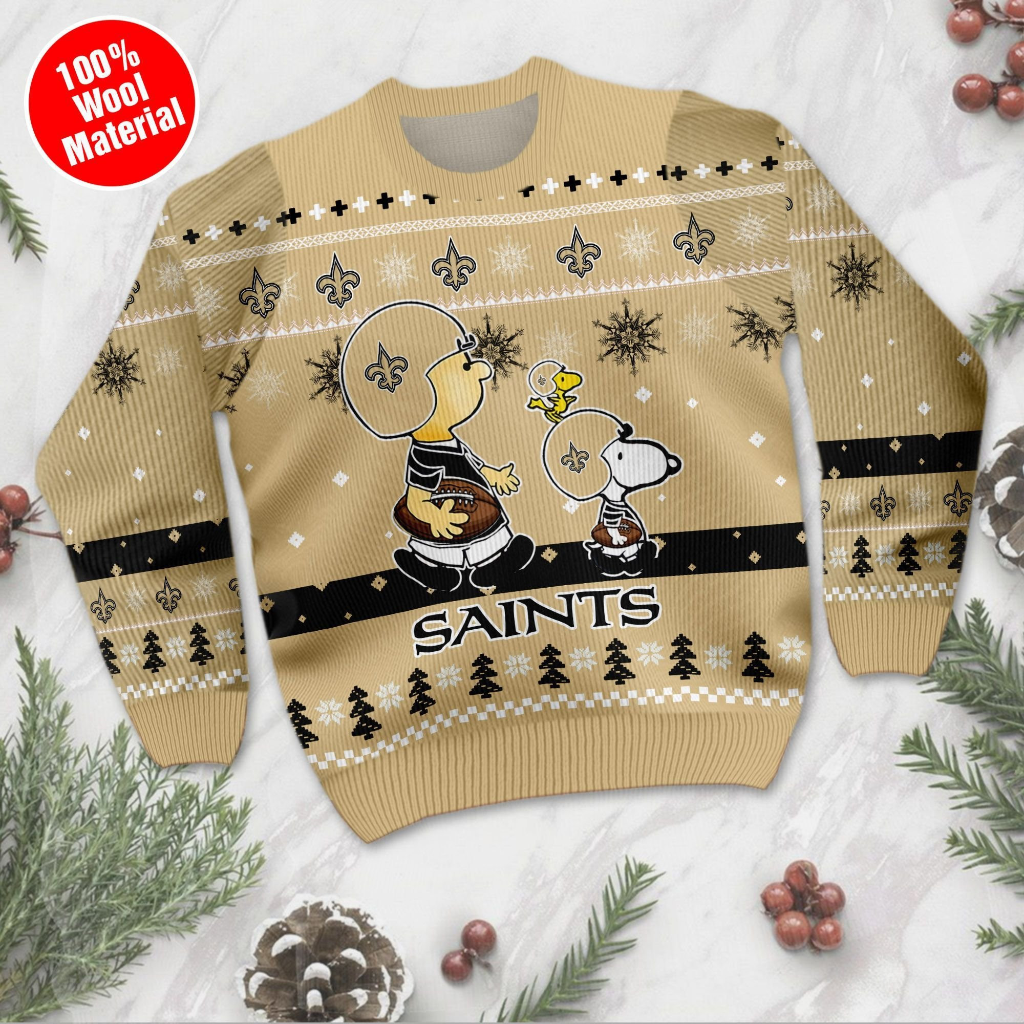 New Orleans Saints Funny Charlie Brown Peanuts Snoopy Ugly Christmas Sweater Adult 3D Funny Matching for family - Image 2