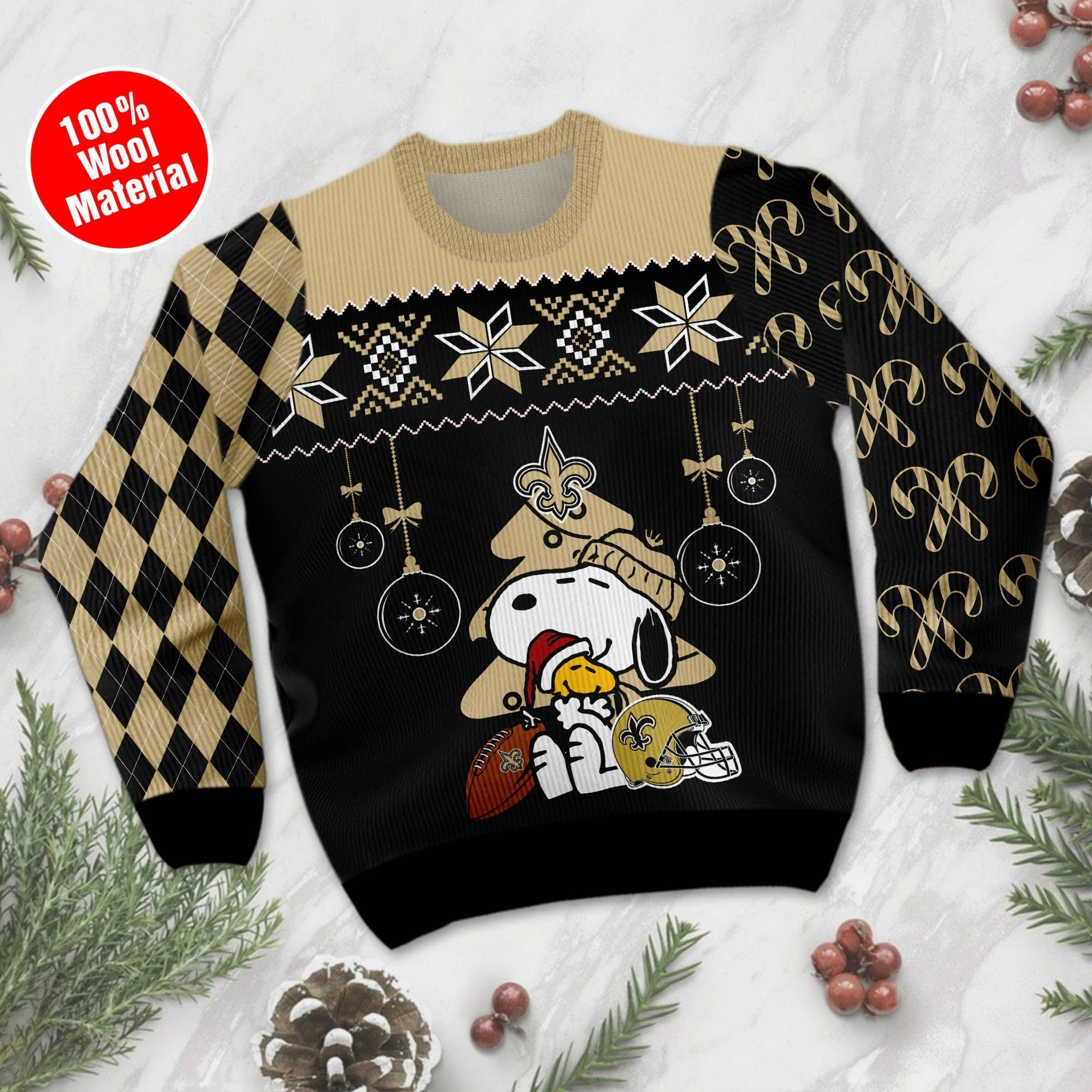 New Orleans Saints Funny Charlie Brown Peanuts Snoopy Ugly Christmas Sweater Adult 3D Funny Matching for family - Image 2