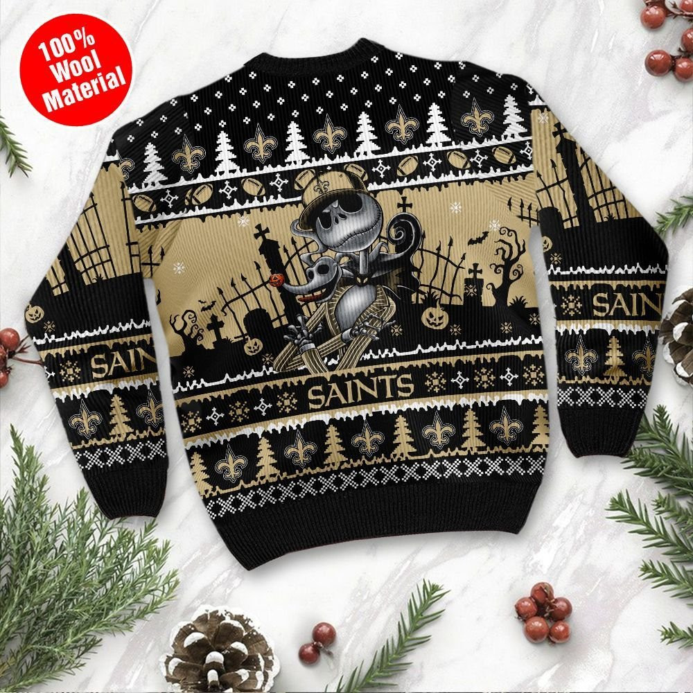 New Orleans Saints Jack Skellington Halloween Holiday Party Ugly Christmas Sweater Adult 3D Funny Matching for family - Image 3