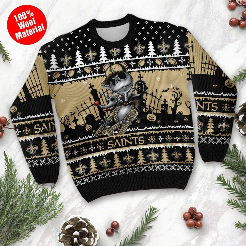 New Orleans Saints Jack Skellington Halloween Holiday Party Ugly Christmas Sweater Adult 3D Funny Matching for family - Image 2