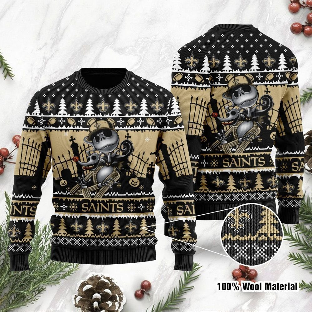 New Orleans Saints Jack Skellington Halloween Ugly Christmas Sweater Adult 3D Funny Matching for family