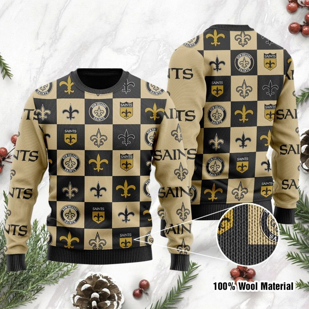 New Orleans Saints Logo Checkered Flannel Design Ugly Christmas Sweater Adult 3D Funny Matching for family