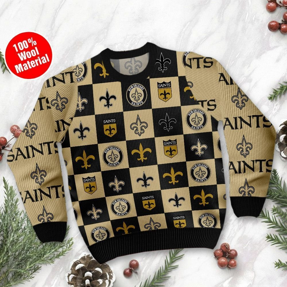 New Orleans Saints Logo Checkered Flannel Design Ugly Christmas Sweater Adult 3D Funny Matching for family - Image 2