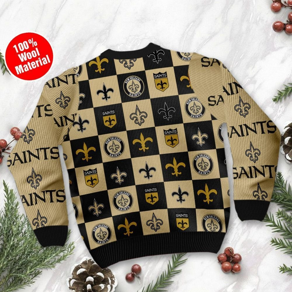 New Orleans Saints Logo Checkered Flannel Design Ugly Christmas Sweater Adult 3D Funny Matching for family - Image 3