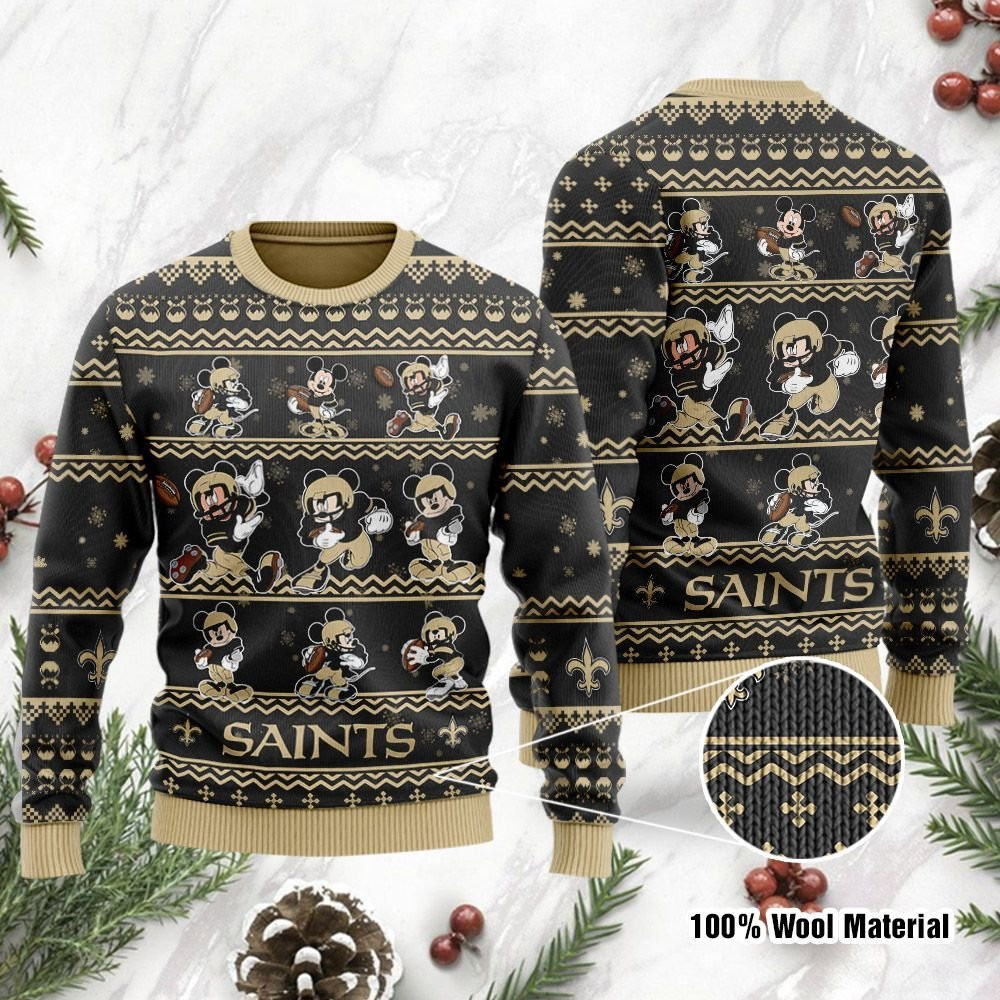 New Orleans Saints Mickey Mouse Holiday Party Ugly Christmas Sweater Adult 3D Funny Matching for family
