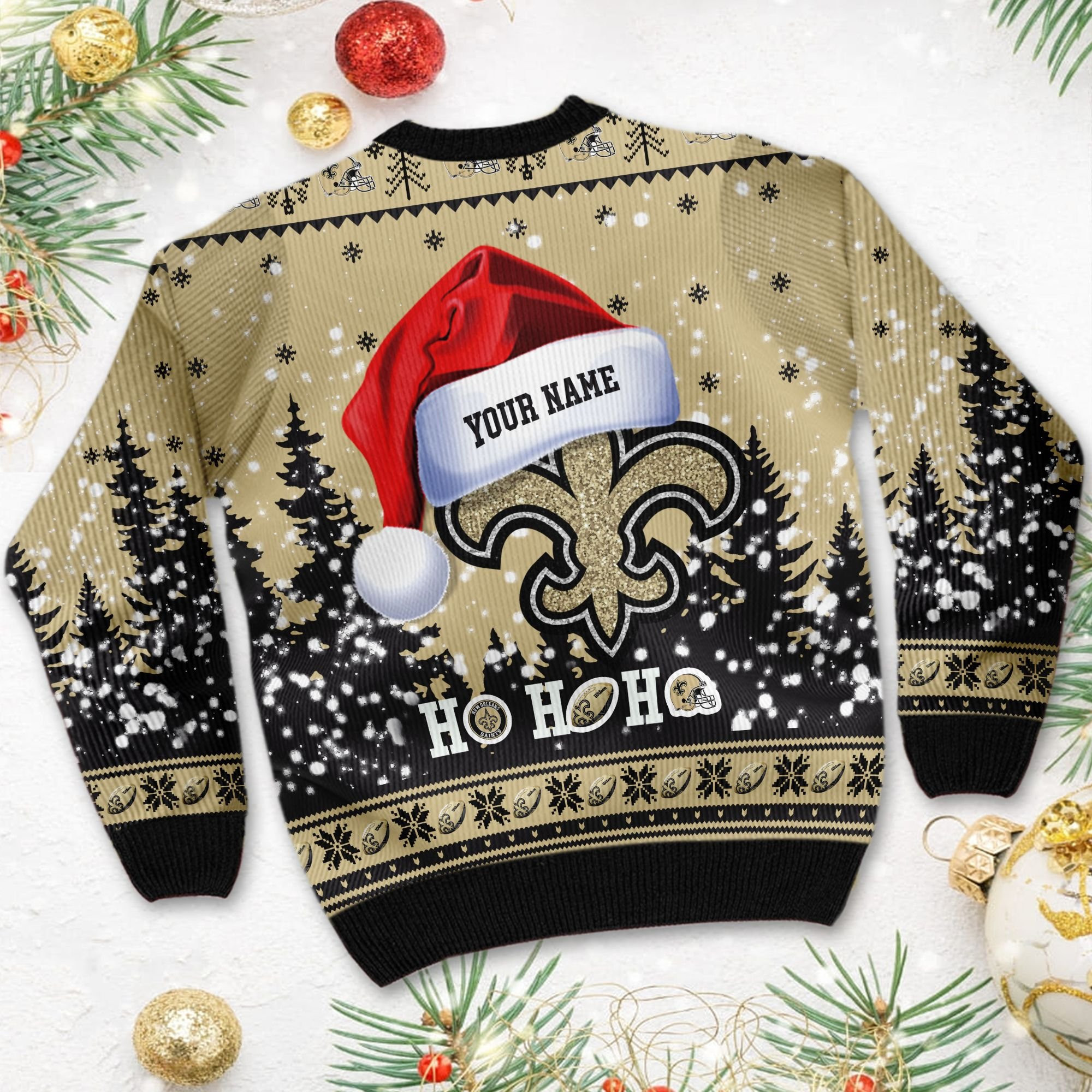 New Orleans Saints Symbol Wearing Santa Claus Hat Ho Ho Ho Personalized Ugly Christmas Sweater Adult 3D Funny Matching for family - Image 4