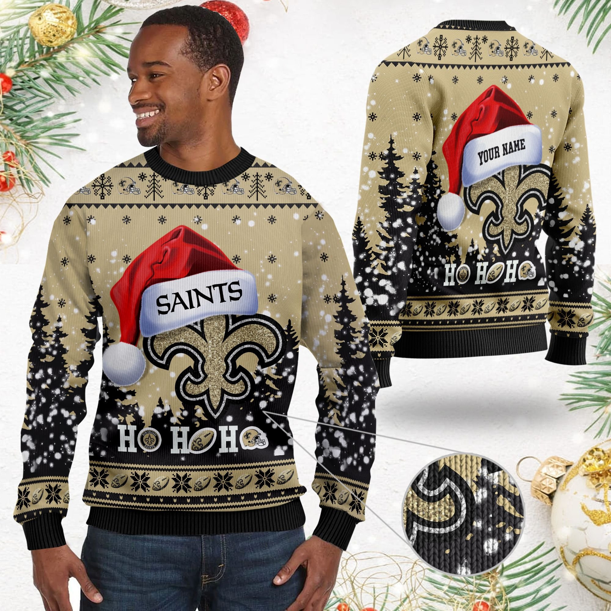 New Orleans Saints Symbol Wearing Santa Claus Hat Ho Ho Ho Personalized Ugly Christmas Sweater Adult 3D Funny Matching for family - Image 2