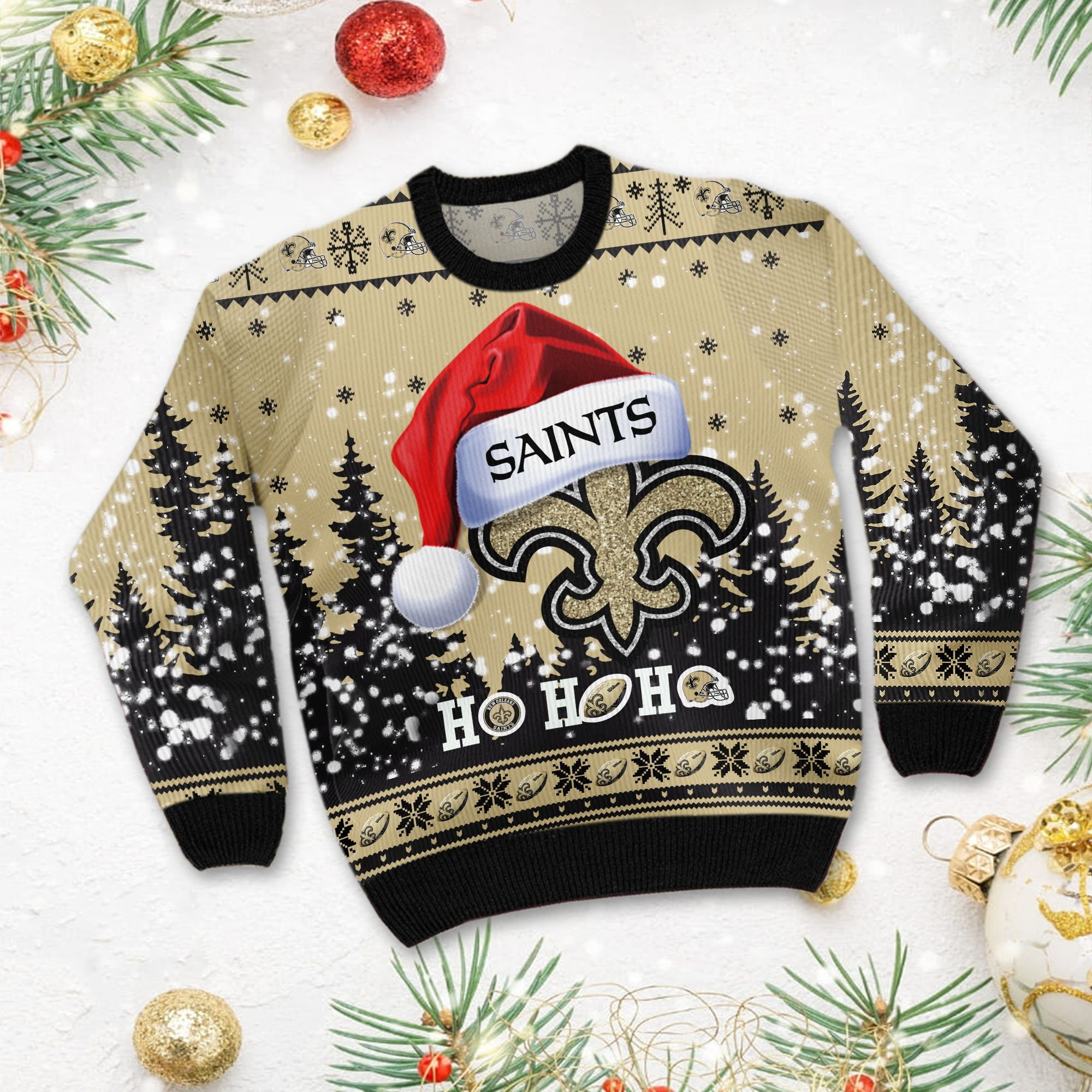 New Orleans Saints Symbol Wearing Santa Claus Hat Ho Ho Ho Personalized Ugly Christmas Sweater Adult 3D Funny Matching for family - Image 3