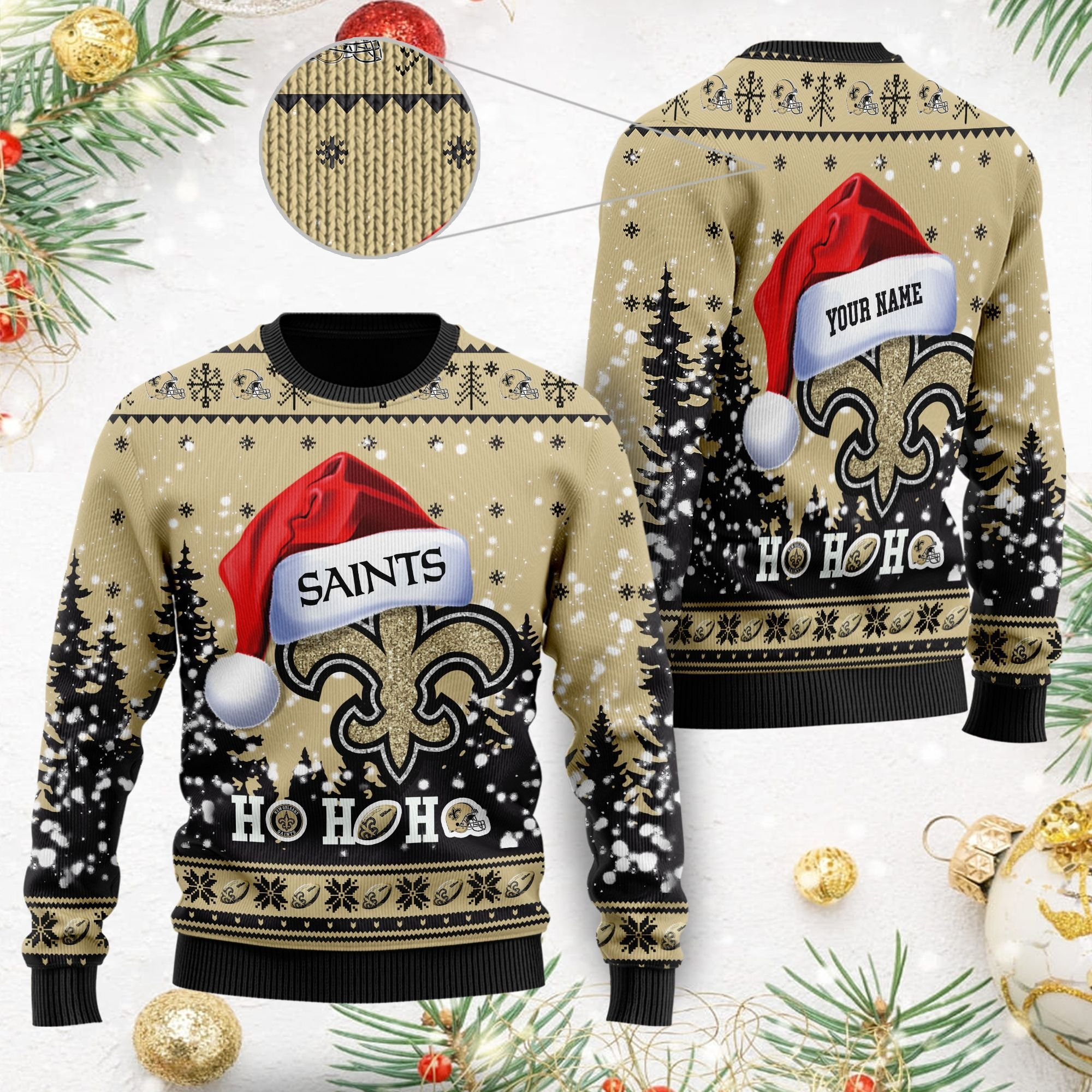 New Orleans Saints Symbol Wearing Santa Claus Hat Ho Ho Ho Ugly Christmas Sweater Adult 3D Funny Matching for family