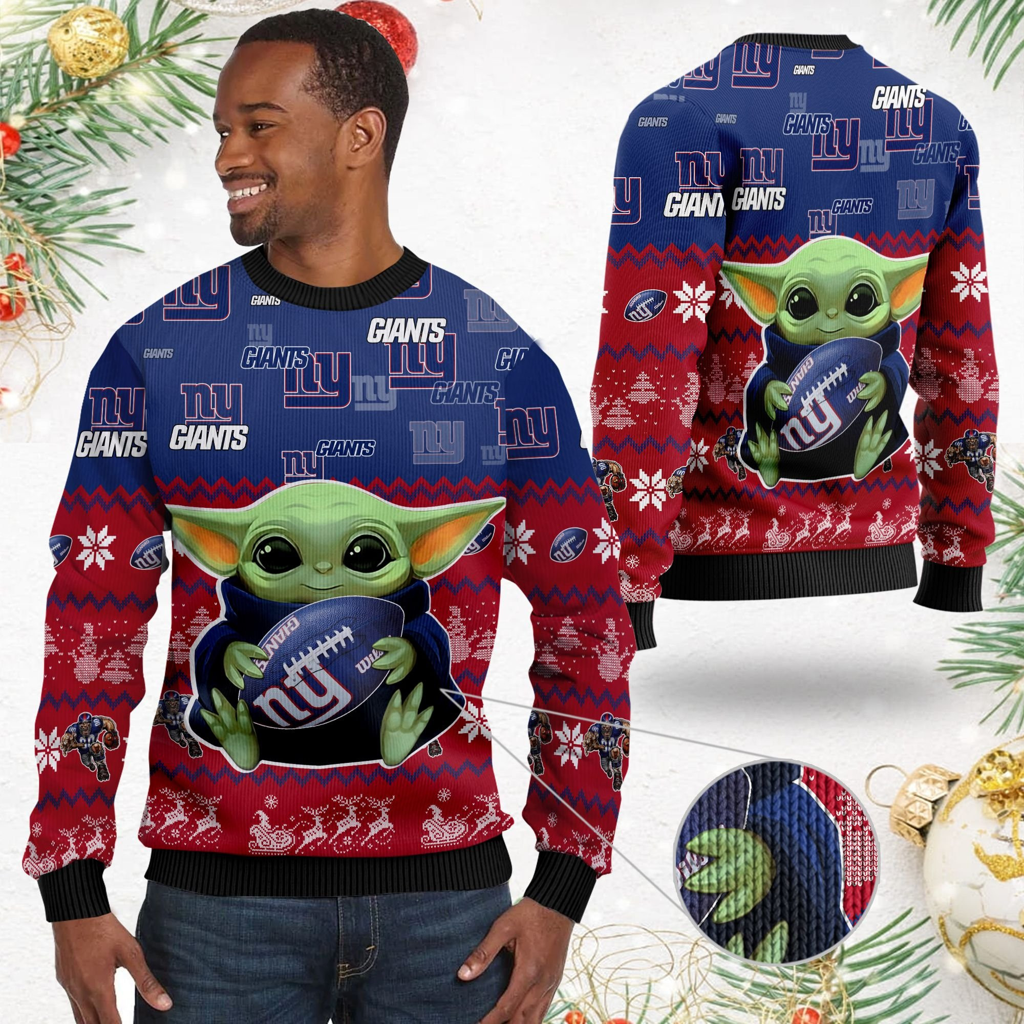 New York Giants Baby Yoda Shirt For American Football Fans Ugly Christmas Sweater Adult 3D Funny Matching for family