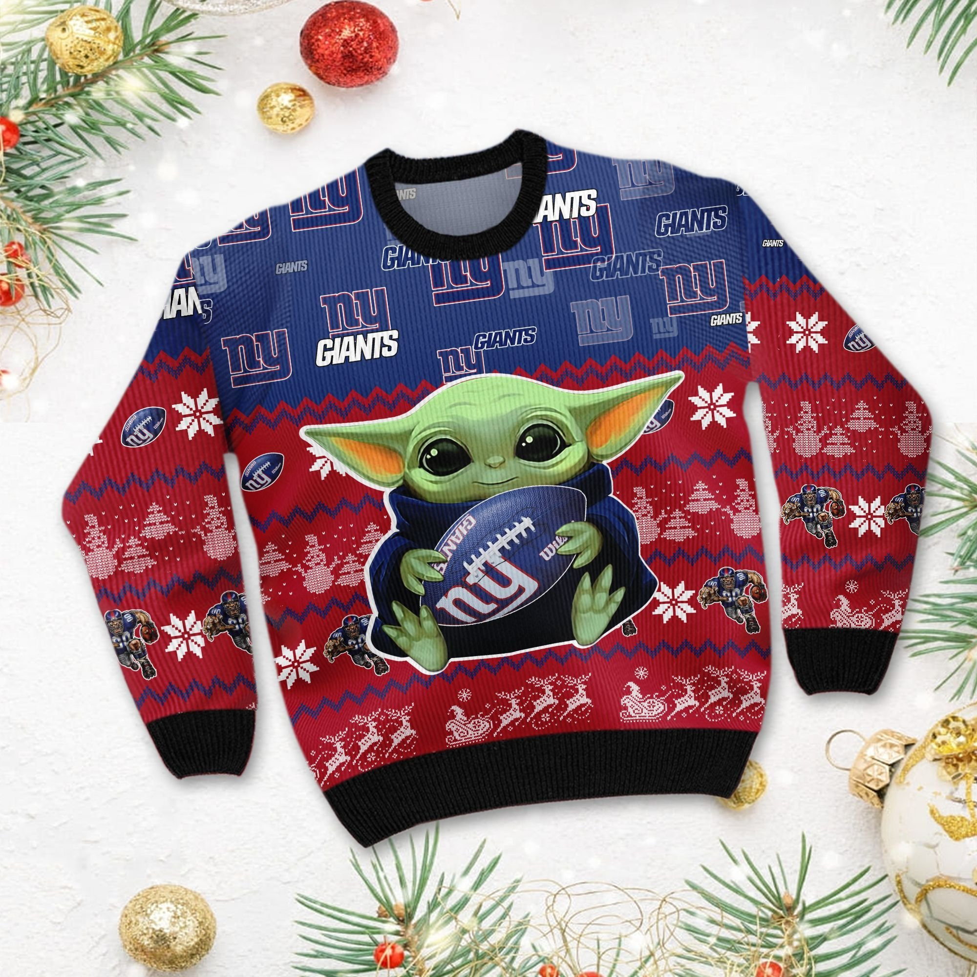 New York Giants Baby Yoda Ugly Christmas Sweater Adult 3D Funny Matching for family - Image 3