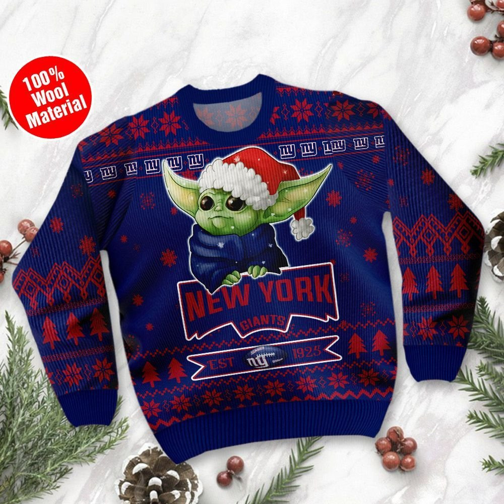 New York Giants Cute Baby Yoda Grogu Ugly Christmas Sweater Adult 3D Funny Matching for family - Image 2