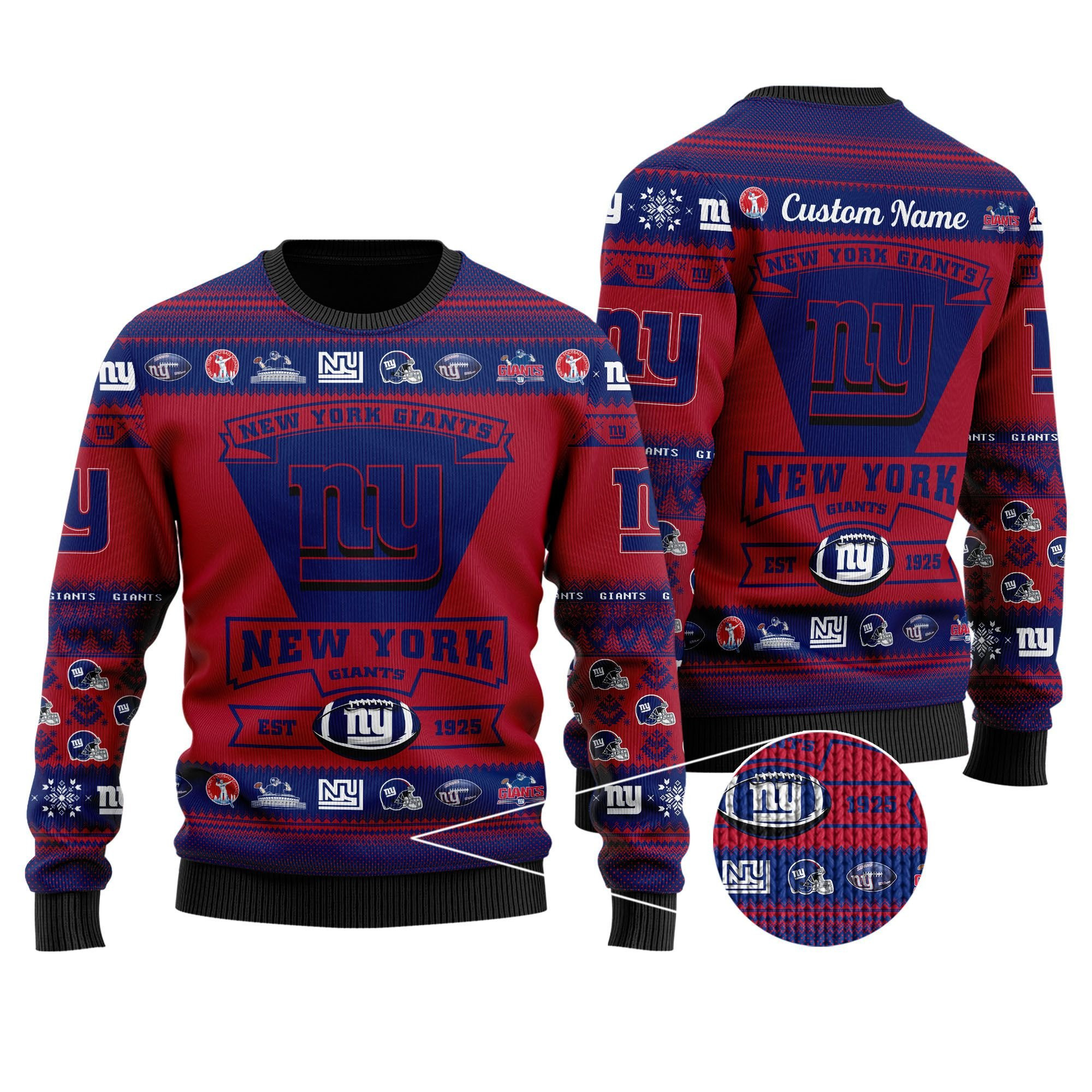 New York Giants Football Team Logo Custom Name Personalized Ugly Christmas Sweater Adult 3D Funny Matching for family