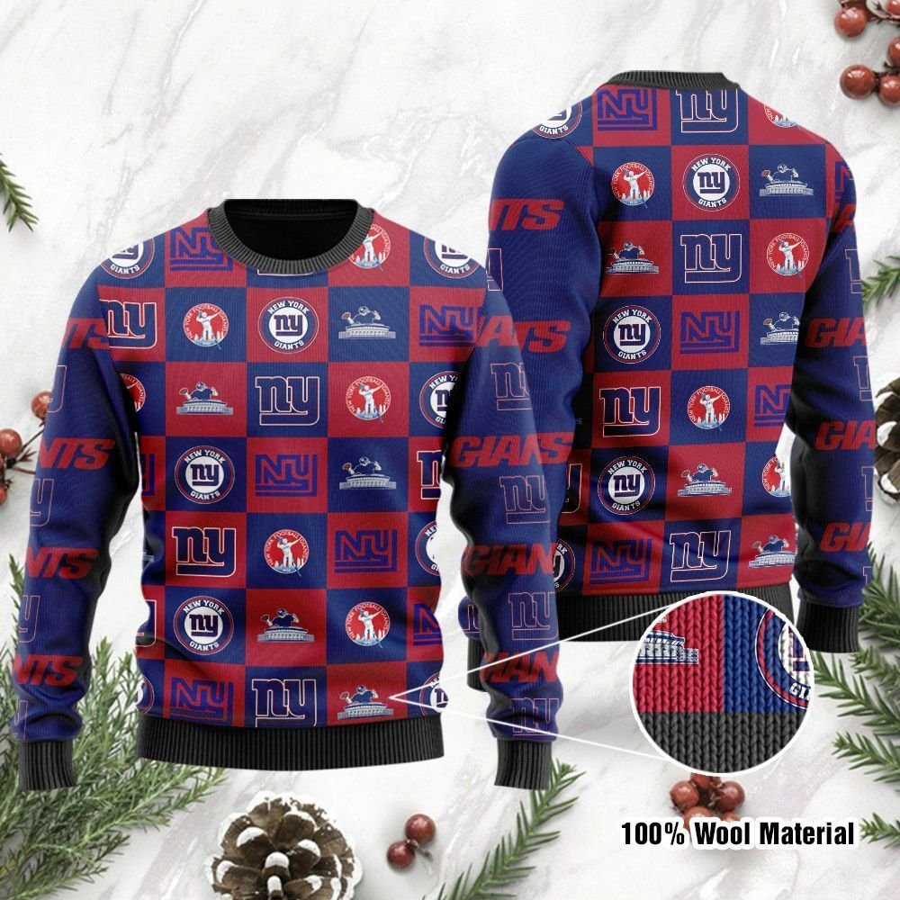 New York Giants Logo Checkered Flannel Design Ugly Christmas Sweater Adult 3D Funny Matching for family