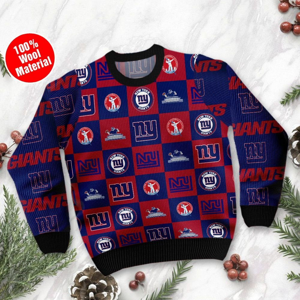 New York Giants Logo Checkered Flannel Ugly Christmas Sweater Adult 3D Funny Matching for family - Image 2
