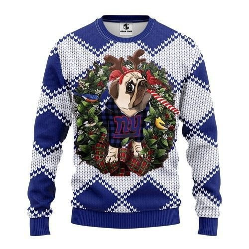 New York Giants Pug Dog Ugly Christmas Sweater Adult 3D Funny Matching for family