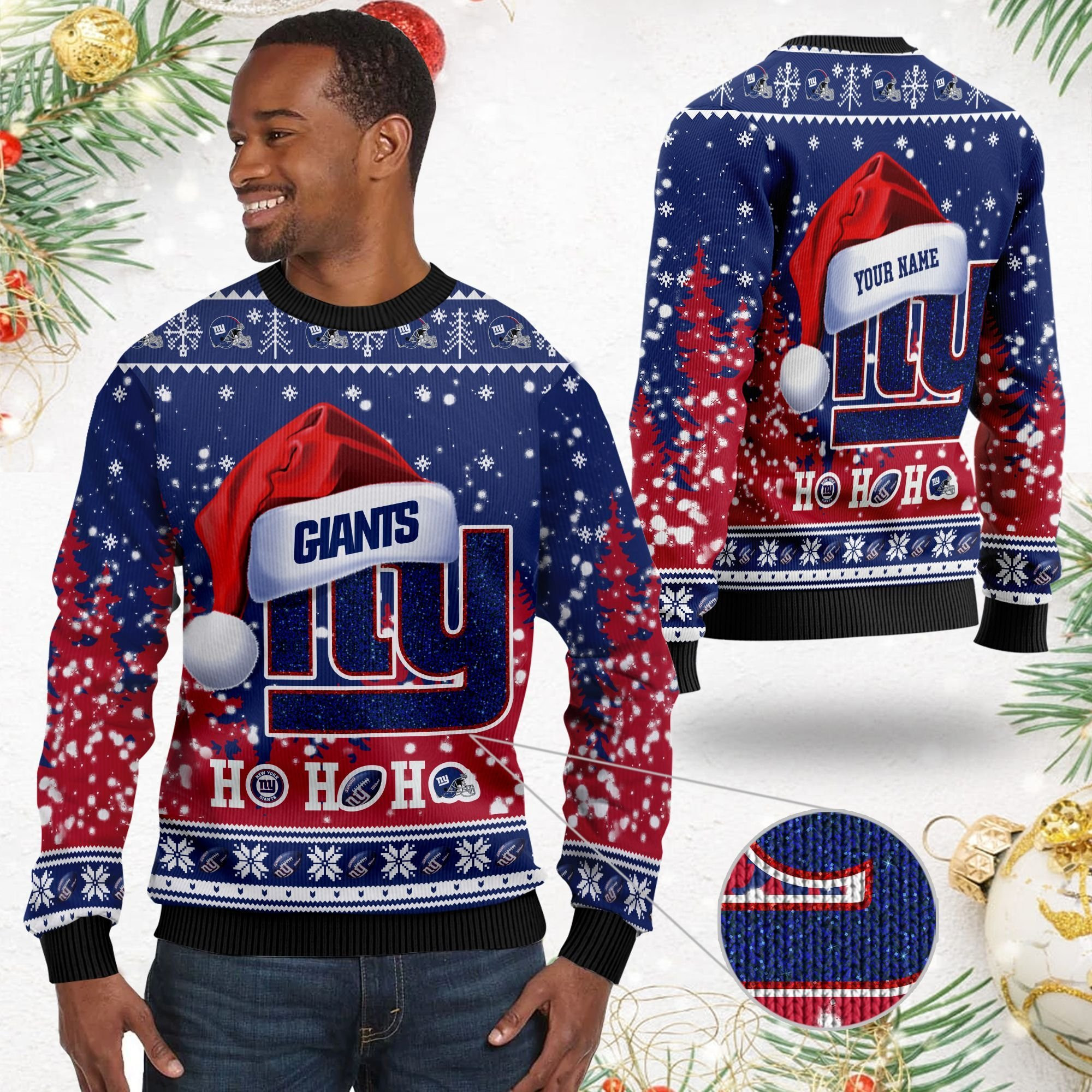 New York Giants Symbol Wearing Santa Claus Hat Ho Ho Ho Ugly Christmas Sweater Adult 3D Funny Matching for family - Image 2