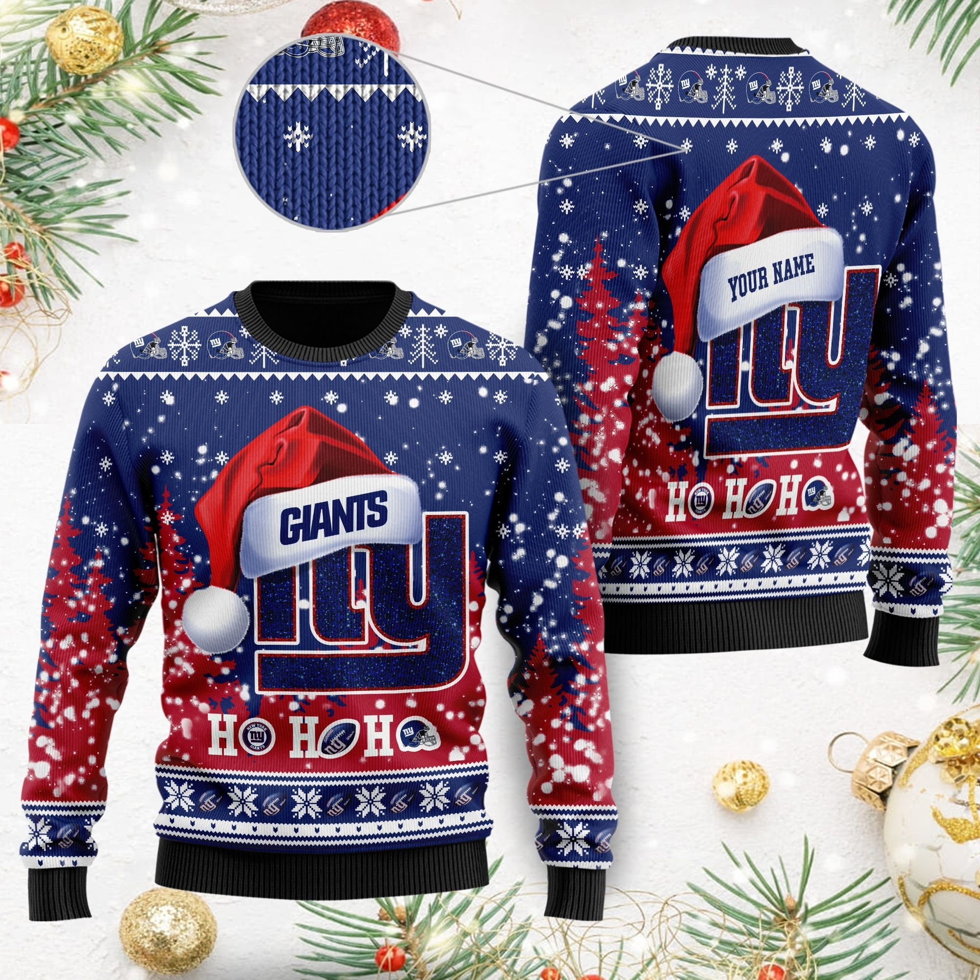 New York Giants Symbol Wearing Santa Claus Hat Ho Ho Ho Ugly Christmas Sweater Adult 3D Funny Matching for family