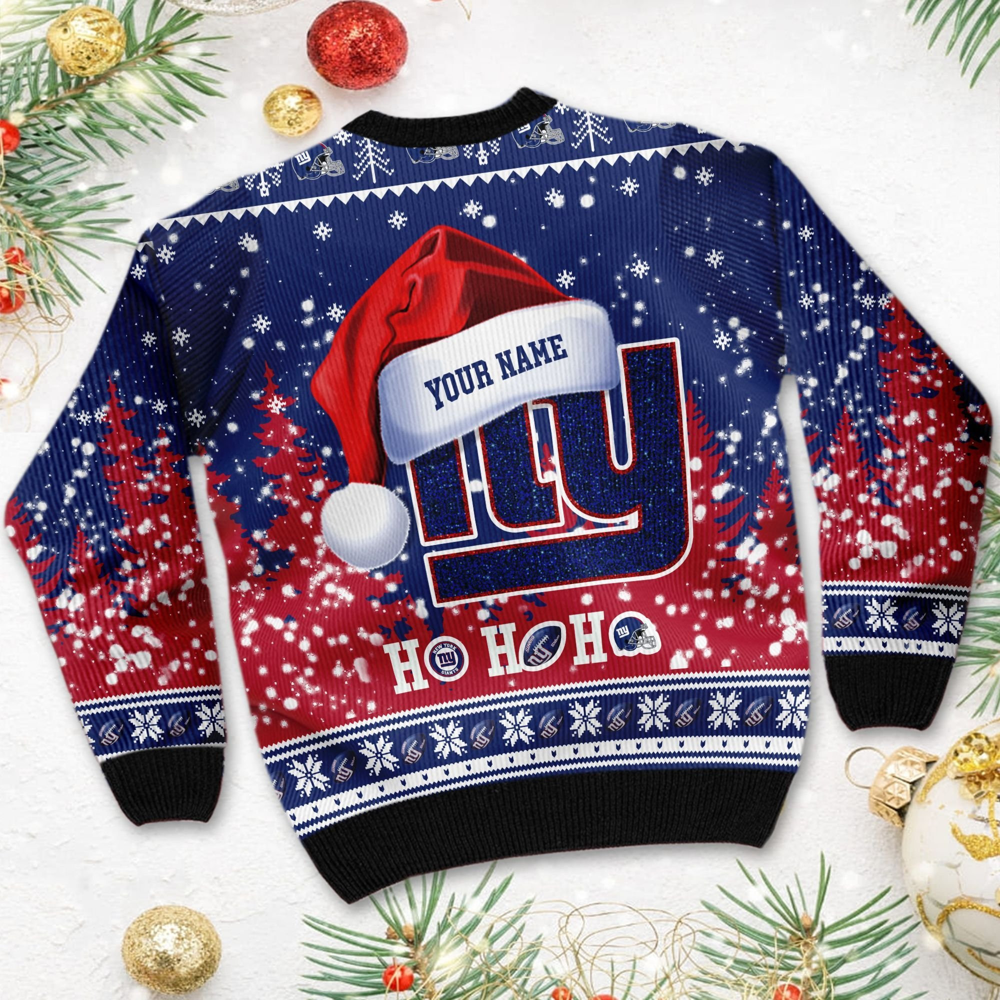New York Giants Symbol Wearing Santa Claus Hat Ho Ho Ho Ugly Christmas Sweater Adult 3D Funny Matching for family - Image 3