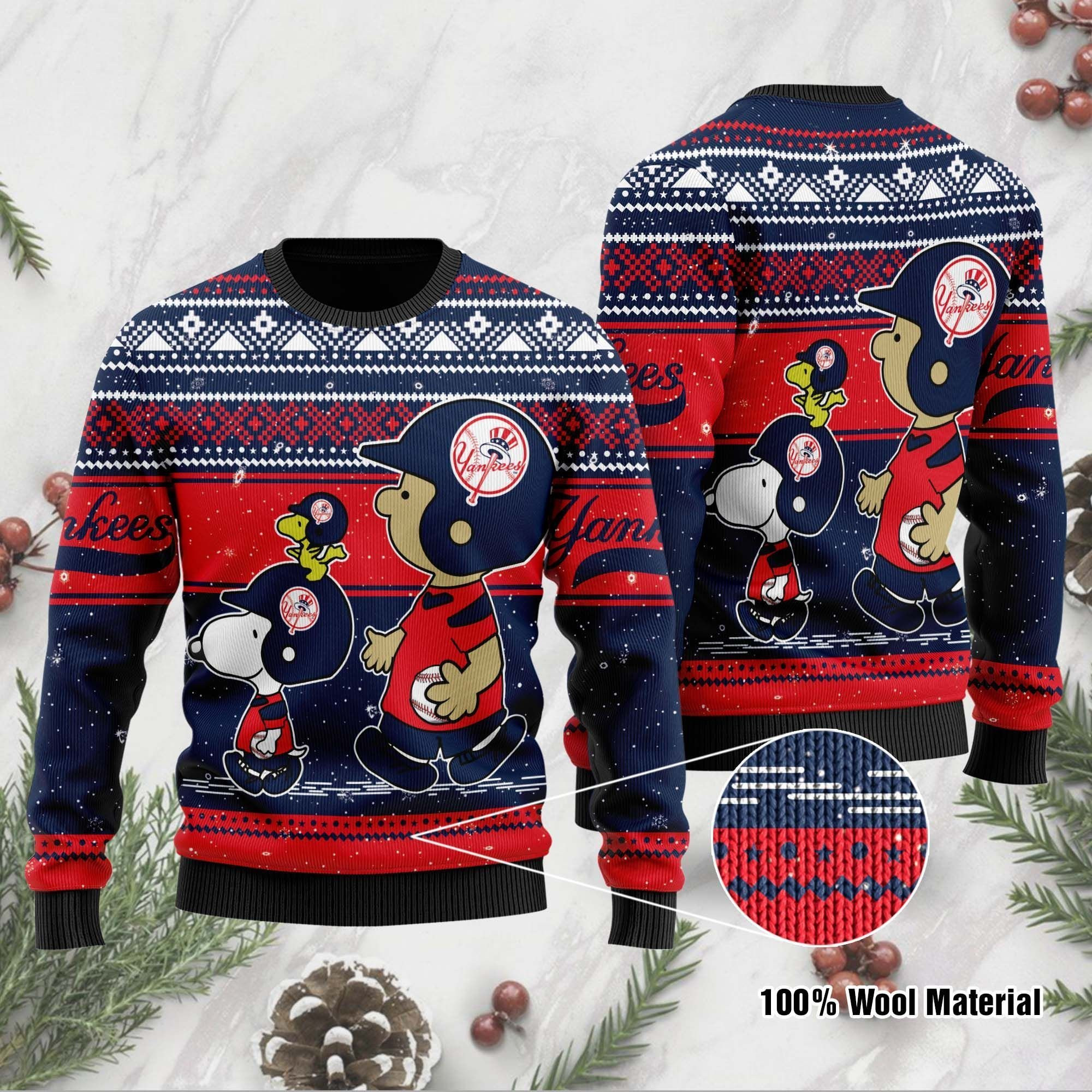 New York Yankees Charlie Brown Snoopy Wear Football Jersey Ugly Christmas Sweater Adult 3D Funny Matching for family