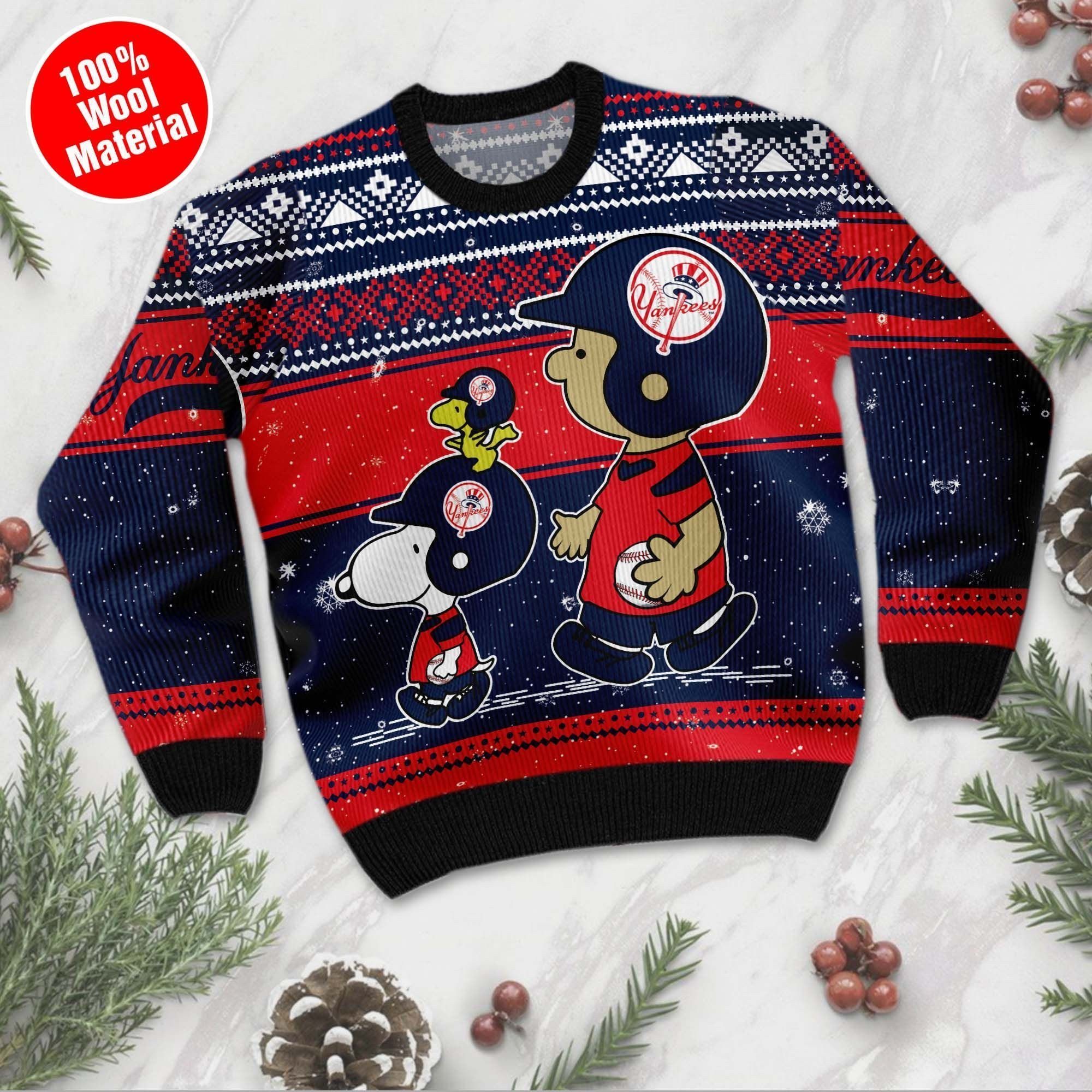 New York Yankees Charlie Brown Snoopy Wear Football Jersey Ugly Christmas Sweater Adult 3D Funny Matching for family - Image 2