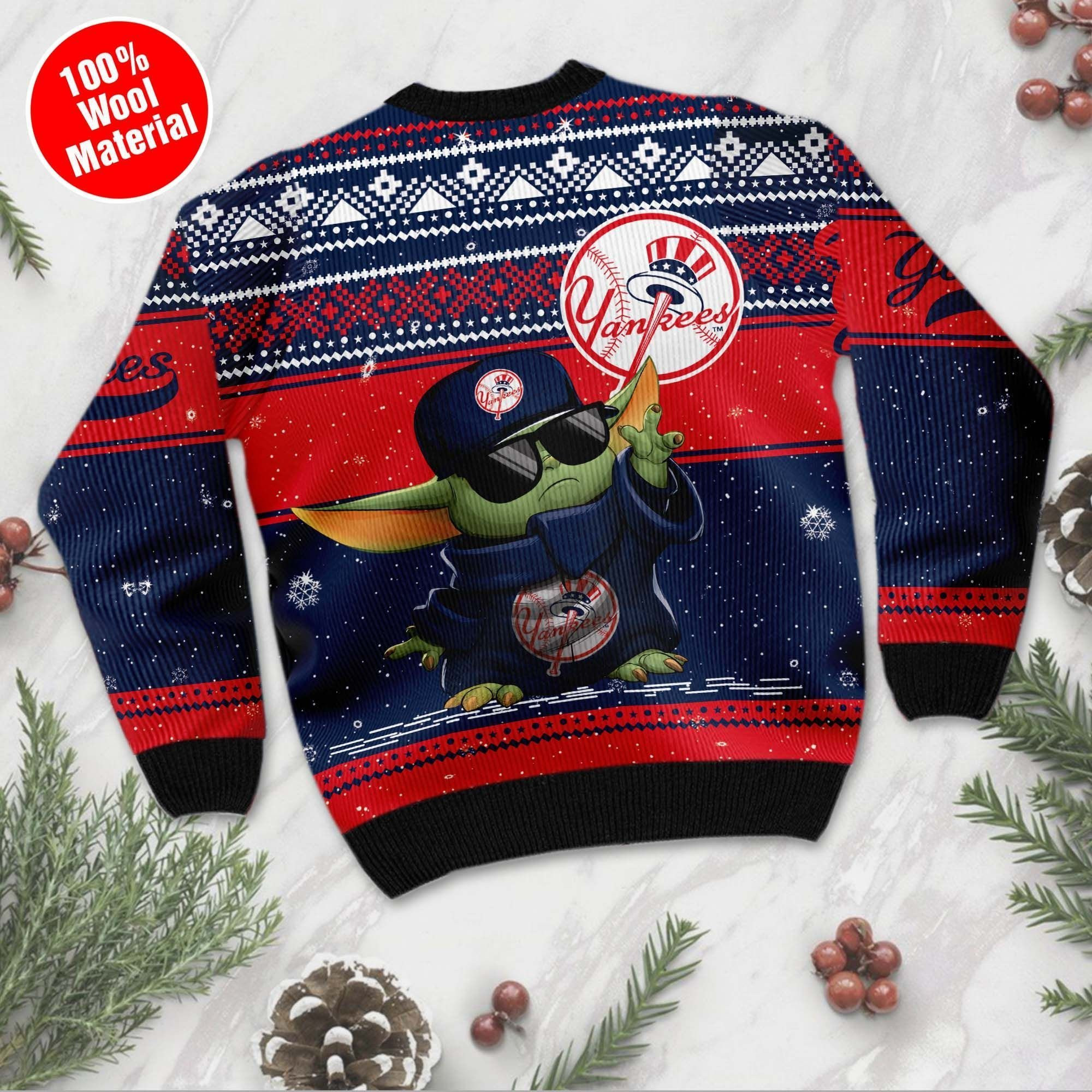 New York Yankees Grogu Baby Yoda Hug Logo Ugly Christmas Sweater Adult 3D Funny Matching for family - Image 2