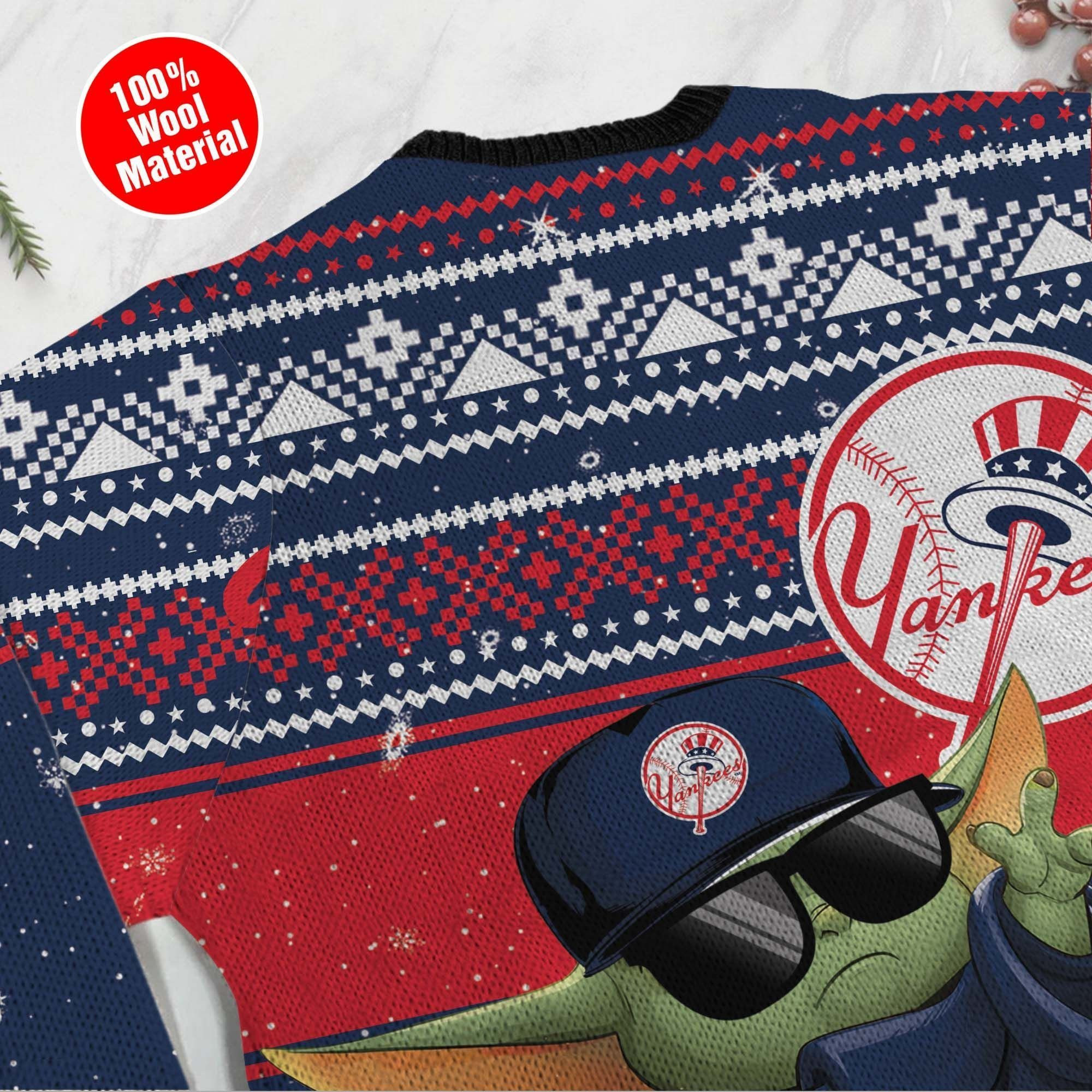 New York Yankees Grogu Baby Yoda Hug Logo Ugly Christmas Sweater Adult 3D Funny Matching for family - Image 5