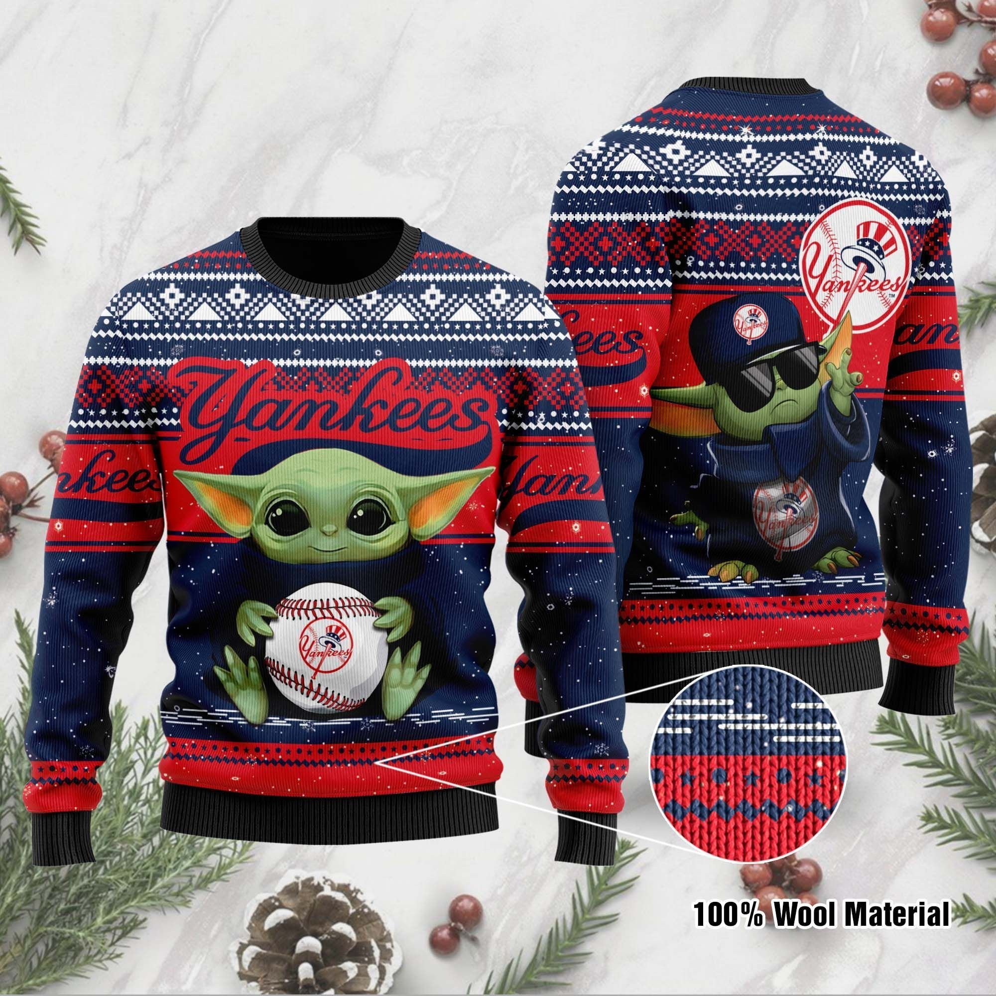 New York Yankees Grogu Baby Yoda Hug Logo Ugly Christmas Sweater Adult 3D Funny Matching for family