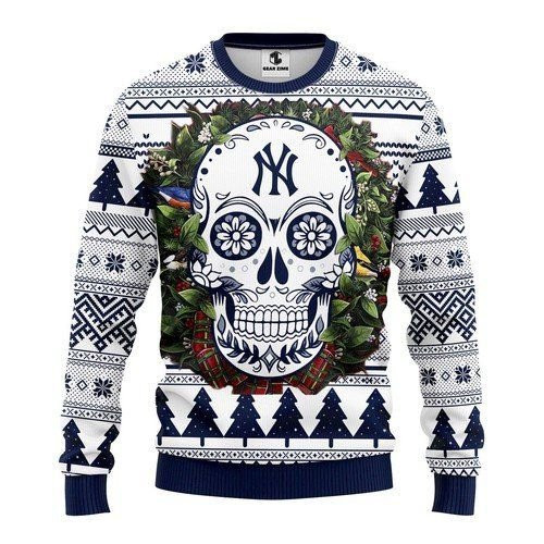 New York Yankees Skull Flower Ugly Christmas Sweater Adult 3D Funny Matching for family