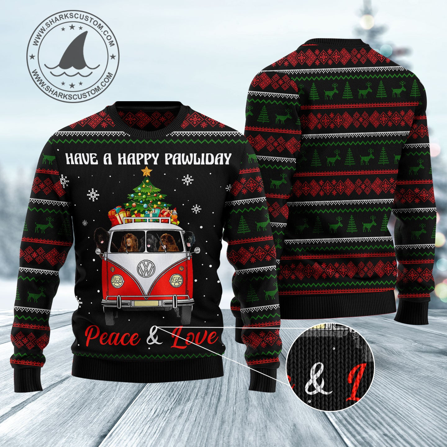 Newfoundland Dogs Carrying Gift Christmas On The Red Car Ugly Christmas Sweater - Image 3