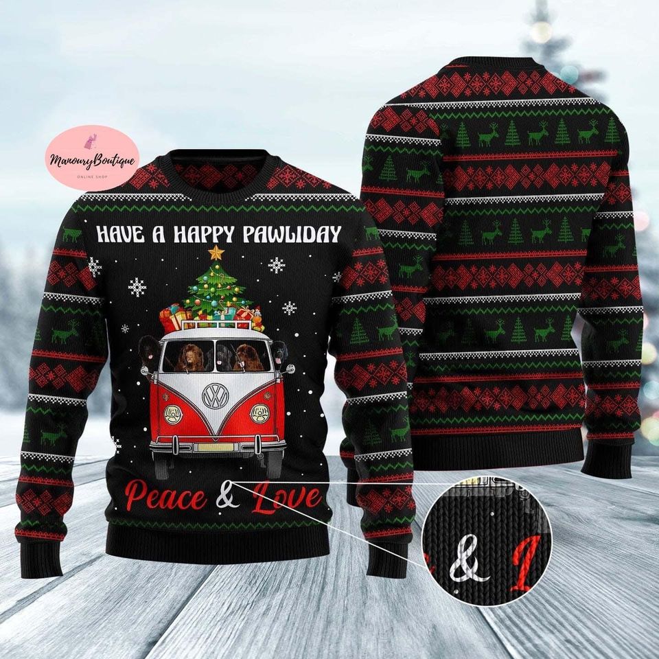 Newfoundland Dogs Christmas Ugly Sweater, Dogs Carrying Gift On The Red