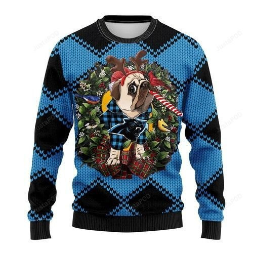 Nfl Carolina Panthers Pug Dog Ugly Christmas Sweater Adult 3D Funny Matching for family