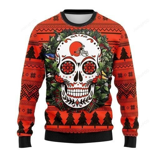 Nfl Cleveland Browns Skull Flower Ugly Christmas Sweater Adult 3D Funny Matching for family