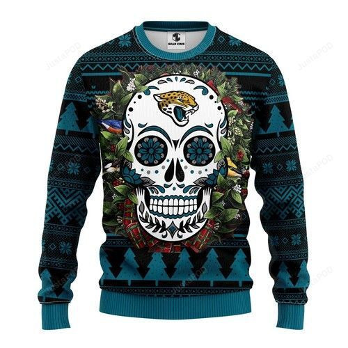 Nfl Jacksonville Jaguars Skull Flower Ugly Christmas Sweater Adult 3D Funny Matching for family