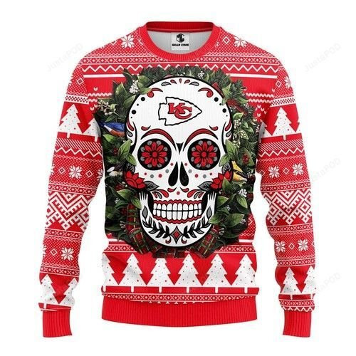 Nfl Kansas City Chiefs Skull Flower Ugly Christmas Sweater Adult 3D Funny Matching for family