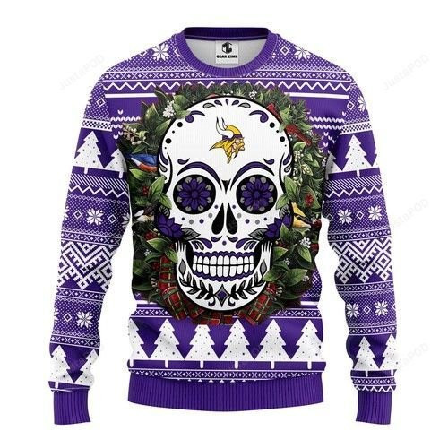 Nfl Minnesota Vikings Skull Flower Ugly Christmas Sweater Adult 3D Funny Matching for family