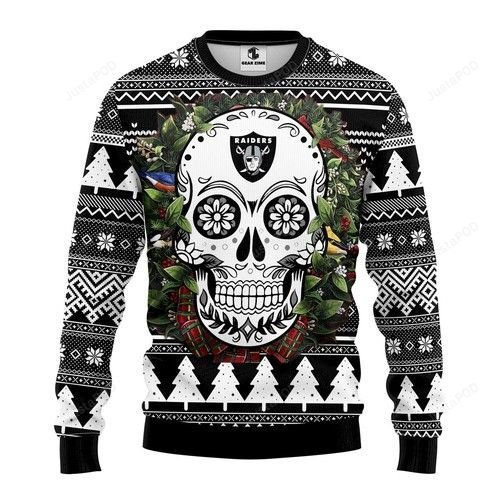 Nfl Oakland Raiders Skull Flower Ugly Christmas Sweater Adult 3D Funny Matching for family