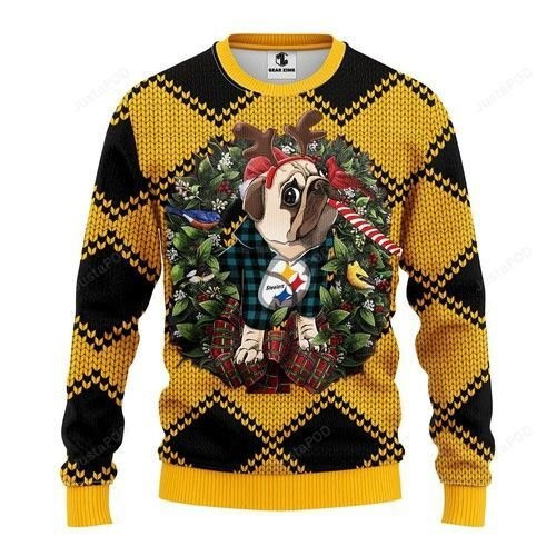 Nfl Pittsburgh Steelers Pug Dog Ugly Christmas Sweater Adult 3D Funny Matching for family