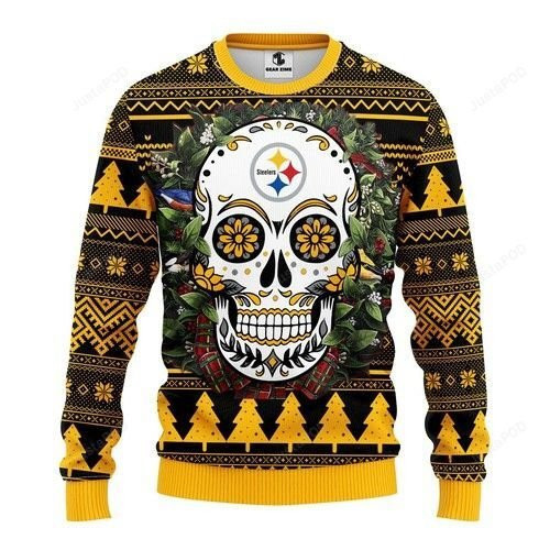 Nfl Pittsburgh Steelers Skull Flower Ugly Christmas Sweater Adult 3D Funny Matching for family
