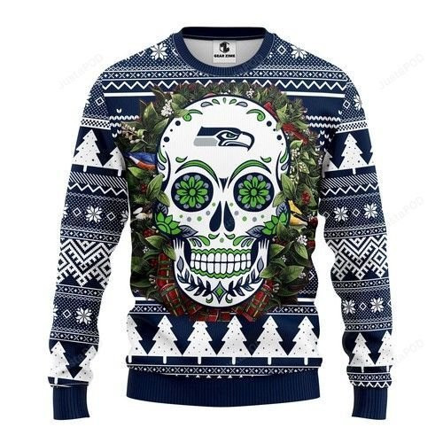 Nfl Seattle Seahawks Skull Flower Ugly Christmas Sweater Adult 3D Funny Matching for family