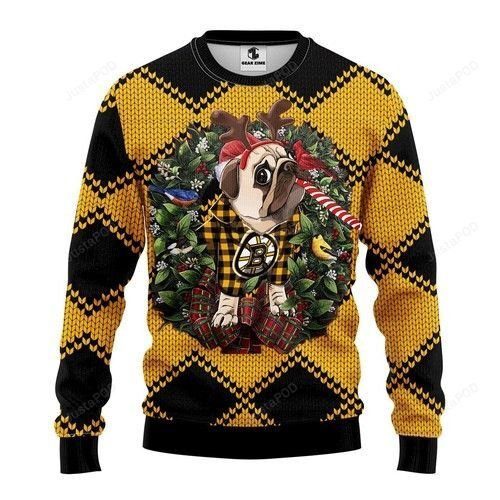 Nhl Boston Bruins Pug Dog Ugly Christmas Sweater Adult 3D Funny Matching for family