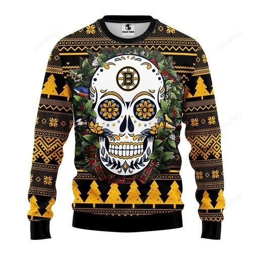 Nhl Boston Bruins Skull Flower Ugly Christmas Sweater Adult 3D Funny Matching for family