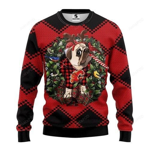 Nhl Calgary Flames Pug Dog Ugly Christmas Sweater Adult 3D Funny Matching for family