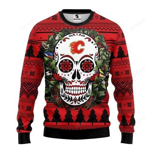 Nhl Calgary Flames Skull Flower Ugly Christmas Sweater Adult 3D Funny Matching for family