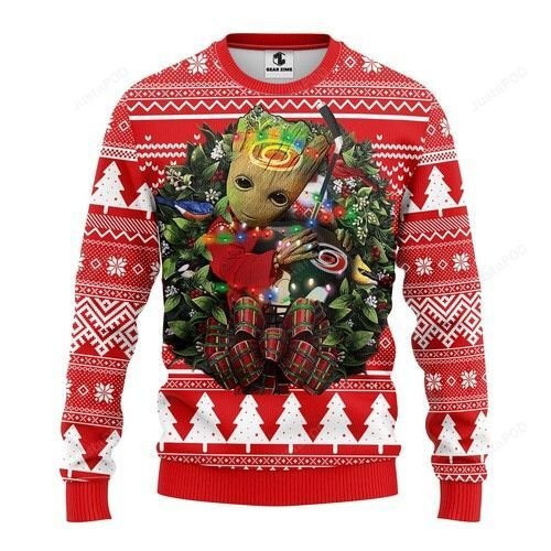 Nhl Carolina Hurricanes Groot Hug Ugly Christmas Sweater Adult 3D Funny Matching for family