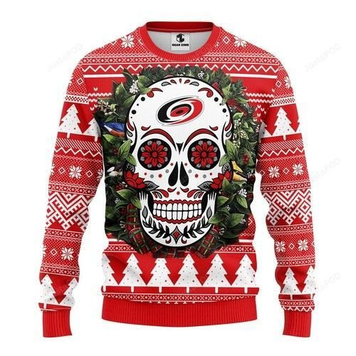 Nhl Carolina Hurricanes Skull Flower Ugly Christmas Sweater Adult 3D Funny Matching for family