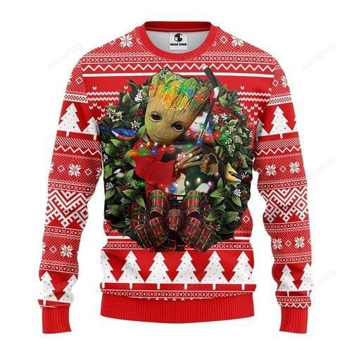 Nhl Chicago Blackhawks Groot Hug Ugly Christmas Sweater Adult 3D Funny Matching for family